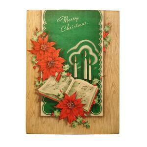 Merry Christmas Greeting Card Vintage Song Book Candles Glitter Mid Century